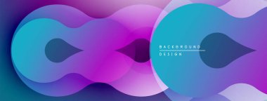 Soyut sıvı şekilleri örtüşür, parlak mor ve mavi renkler yaratır. Modern tasarım hareketi, enerjiyi, görsel ilgiyi çağrıştırıyor.