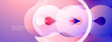 Soyut daireler örtüşüyor, canlı pembeler, maviler, morlar yaratıyor. Yumuşak eğimler derinliği, modern tasarım elementlerini gösterir.