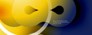 Soyut tasarım özellikleri üst üste binen daireler, gradyanlar. Sarı, mavi renkler kompozisyona hakim. Minimalist estetik, modern his.