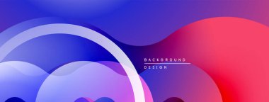 Soyut şekiller canlı mor, mavi ve pembe renkleri harmanlıyor. Modern tasarım dinamik görsel deneyim yaratır. Düzen eğimleri kompozisyona hakim.