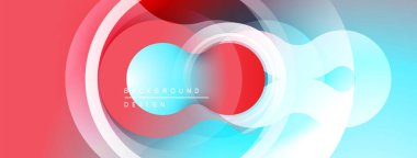 Soyut tasarım özellikleri üst üste binen daireler, gradyanlar. Kırmızı, beyaz, cyan renkleri dinamik görsel efekt yaratır. Modern, pürüzsüz kompozisyon.
