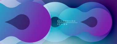 Soyut sıvı şekilleri örtüşür, parlak mavi ve mor renkler yaratır. Modern tasarım hareket, enerji, derinlik öneriyor.