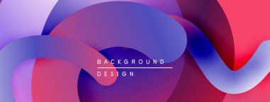 Soyut sıvı şekilleri örtüşür, canlı gradyanlar yaratır. Mor, kırmızı, mavi renkler tasarımda baskın. Modern estetik.