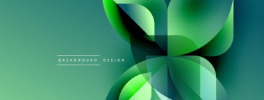 Soyut yeşil tasarım. Üst üste binen şekiller dinamik görsel efekt yaratır. Sunumlar ve pankartlar için modern gradyan arkaplanı.