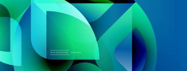 Soyut geometrik şekiller örtüşüyor, canlı turkuazlar yaratıyor, yeşil gradyanlar. Modern tasarım akıcılığı, hareketi, dijital sanatı öneriyor.