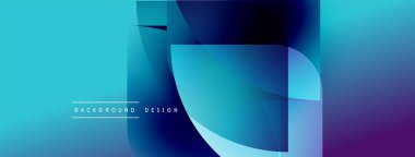 Soyut gradyan şekiller çakışıyor, dinamik görsel etki yaratıyor. Mavi, mor renkler kompozisyona hakim. Modern tasarım ögesi.