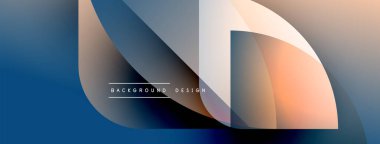 Soyut geometrik şekiller örtüşüyor, renk değişimleri yaratıyor. Mavi, turuncu renkler tasarımda baskın. Minimalist tarz, modern estetik.