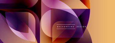 Soyut geometrik şekiller örtüşür, canlı gradyanlar yaratır. Mor, turuncu renkler kompozisyona hakim. Modern tasarım ögesi.