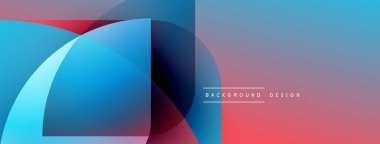 Soyut geometrik şekiller örtüşüyor, canlı renk eğimleri yaratıyor. Mavi, mor, kırmızı renkler kompozisyona hakim. Minimalist metin mevcut.