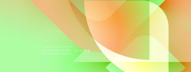 Soyut geometrik şekiller çakışıyor. Yumuşak gradyanlar canlı, modern arkaplan tasarımı yaratır. Açık yeşil, turuncu, sarı renkler kompozisyona hakim..