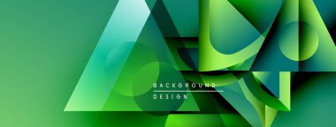Soyut geometrik şekiller örtüşür, canlı yeşil gradyan arkaplan oluşturur. Modern tasarım elementleri yenilik ve teknoloji öneriyor.
