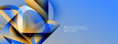 Soyut geometrik şekiller örtüşür, dinamik mavi, altın bileşimi yaratır. Arkaplan ve afişler için modern tasarım ögesi.