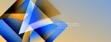 Soyut geometrik şekiller örtüşüyor, canlı renk eğimleri yaratıyor. Bej, mavi, turuncu renkler kompozisyona hakim. Modern tasarım ögesi.