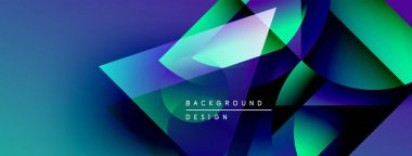 Soyut geometrik şekiller canlı mavileri, yeşillikleri, morları harmanlarlar. Modern tasarım katmanlı değişkenler, dinamik bileşimler içerir. Metin arkaplan tasarımı okur.