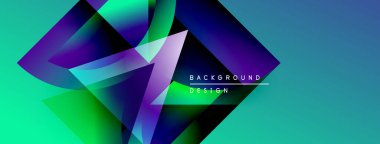 Soyut geometrik şekiller canlı turkuazları, mor ve yeşil renkleri harmanlarlar. Modern tasarım katmanlı biçimler, dinamik bileşim.