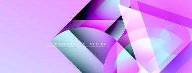Soyut geometrik şekiller örtüşüyor, canlı mor ve mavi renkler yaratıyor. Modern tasarım elementleri dinamik hareket, görsel enerji.
