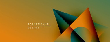 Soyut geometrik şekiller örtüşüyor, canlı renk eğimleri yaratıyor. Arkaplanda sıcak turuncu, deniz mavisi ve zeytin renkleri var. Modern tasarım ögesi.