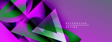 Soyut geometrik şekiller örtüşüyor, canlı mor ve yeşil renkler yaratıyor. Arkaplan, pankart ve sunumlar için modern tasarım ögesi.