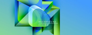 Soyut geometrik şekiller örtüşür, canlı gradyanlar yaratır. Mavi, yeşil renkler tasarıma egemen, modern estetiği çağrıştırıyor. Metin arkaplan tasarımı okur.