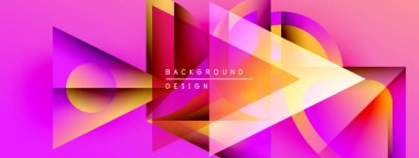Soyut geometrik şekiller, canlı pembeler, sarılar dinamik arkaplan oluşturur. Modern tasarım elementleri fütüristik estetik.