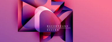 Soyut geometrik şekiller örtüşüyor, canlı pembe ve mor renkler yaratıyor. Metin kompozisyon içinde arkaplan tasarımı okur.