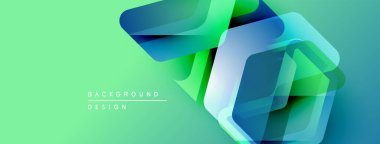 Soyut geometrik şekiller örtüşür, canlı yeşil gradyan arkaplan oluşturur. Modern tasarım elementleri teknoloji ve yenilik öneriyor.