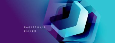 Soyut geometrik şekiller örtüşür, parlak mavi ve mor renkler yaratır. Modern tasarım elementleri teknoloji ve yenilik öneriyor.