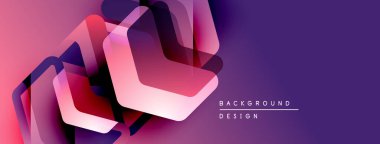 Soyut geometrik şekiller örtüşüyor, canlı mor ve pembe renkler yaratıyor. Modern tasarım teknoloji, yenilik, derinlik öneriyor.