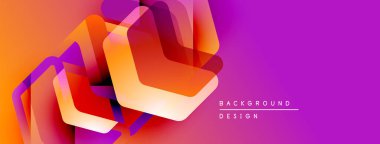 Soyut geometrik şekiller örtüşüyor, canlı turuncu ve mor renkler yaratıyor. Modern tasarım dijital sanat ve arkaplan ögesi öneriyor.