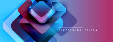 Soyut geometrik katmanlar canlı gradyan arkaplan oluşturur. Mavi geçiş mor, modern tasarım öğesine.