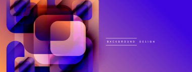 Soyut geometrik şekiller örtüşüyor, canlı renk eğimleri yaratıyor. Mor, turuncu, mavi renkler tasarımda baskın. Modern estetik.