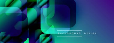 Soyut geometrik şekiller örtüşür, parlak mavi, yeşil eğimler yaratır. Modern tasarım elementleri dijital sanat ve akışkan hareketi öneriyor.