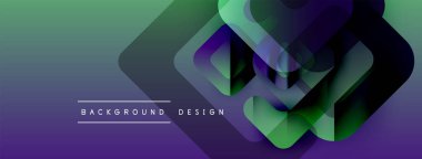 Soyut geometrik şekiller örtüşür ve dinamik bir değişim etkisi yaratır. Mor, yeşil renkler kompozisyona hakim. Modern tasarım ögesi.