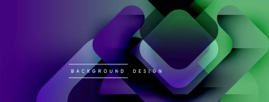 Soyut geometrik katmanlar canlı gradyan arkaplan oluşturur. Modern tasarım üst üste binen şekiller, mor, yeşil renkler.