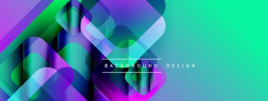 Soyut geometrik şekiller örtüşür, canlı gradyanlar yaratır. Turkuaz, mor, mavi renkler dizaynda baskın. Metin arkaplan tasarımı okur.