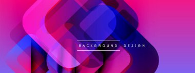 Soyut, enerjik bir arkaplan. Üst üste binen yuvarlak kareler dinamik görsel efekt yaratır. Pembe, mor, mavi renkler kompozisyona hakim. Modern tasarım ögesi.