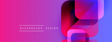 Canlı gradyan arkaplan özellikleri üst üste binen geometrik şekiller. Pembe, mor, mavi renkler modern estetik yaratıyor. Minimalist tasarım unsurları.