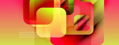 Soyut geometrik şekiller örtüşüyor, canlı renk eğimleri yaratıyor. Sarı, kırmızı, yeşil renkler tasarımda baskın. Modern estetik.