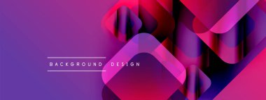 Soyut geometrik şekiller örtüşüyor, canlı mor ve pembe renkler yaratıyor. Metin, formların altındaki arkaplan dizaynını okur. Modern görsel sunum.