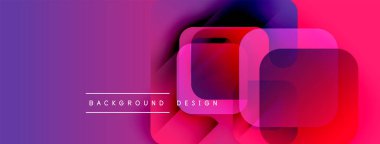 Soyut geometrik bileşim. Canlı gradyanlar, üst üste binen kareler modern görsel efektler yaratır. Metin arkaplan tasarımı okur.