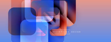 Soyut geometrik şekiller örtüşüyor, canlı renk eğimleri yaratıyor. Arka planda mavi, pembe, mor renkler var. Modern tasarım ögesi.