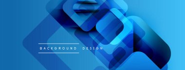 Soyut mavi katmanlar dinamik bileşim yaratır. Üst üste binen kareler derinliği, modern estetiği gösteriyor. Metin arkaplan tasarımı okur.