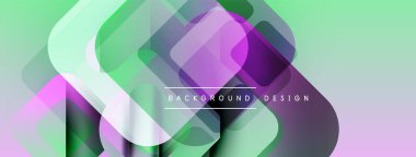 Soyut geometrik şekiller örtüşüyor, canlı renk eğimleri yaratıyor. Açık yeşil, mor renkler tasarımda baskın. Minimalist metin mevcut.