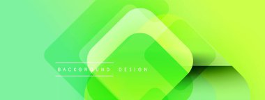 Soyut yeşil katmanlar dinamik arkaplan oluşturur. Yuvarlak kareler üst üste binerek modern tasarımı oluşturuyor. Gradyan gölgeler görsel derinlik sunar.