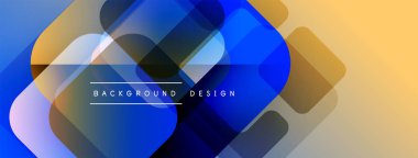 Soyut geometrik şekiller örtüşüyor, canlı mavi, mor, sarı renkler yaratıyor. Modern tasarım elementleri teknoloji ve yenilik öneriyor.