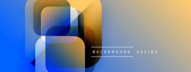 Soyut geometrik şekiller örtüşür, parlak mavi ve turuncu renkler yaratır. Modern tasarım elementleri teknoloji ve yenilik öneriyor. Minimalist estetik.