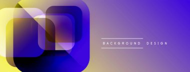 Soyut geometrik şekiller örtüşüyor, canlı renk eğimleri yaratıyor. Mor, sarı renkler tasarımda baskın. Minimalist metin mevcut.