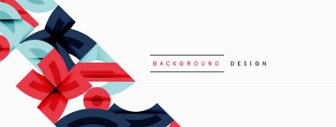 Soyut geometrik şekiller çakışıyor, dinamik görsel ilgi yaratıyor. Kırmızı, mavi, deniz mavisi beyaz alana hükmediyor. Minimalist tasarım.