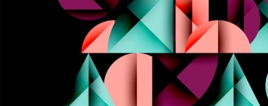 Soyut geometrik şekiller, canlı renkler, modern tasarım. Kompozisyon üst üste binen formlar, dinamik görsel efekt oluşturur.