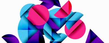 Soyut geometrik şekiller örtüşür ve canlı bir bileşim yaratır. Maviler, pembeler, morlar beyaz arka plana hakim. Modern tasarım elemanları.